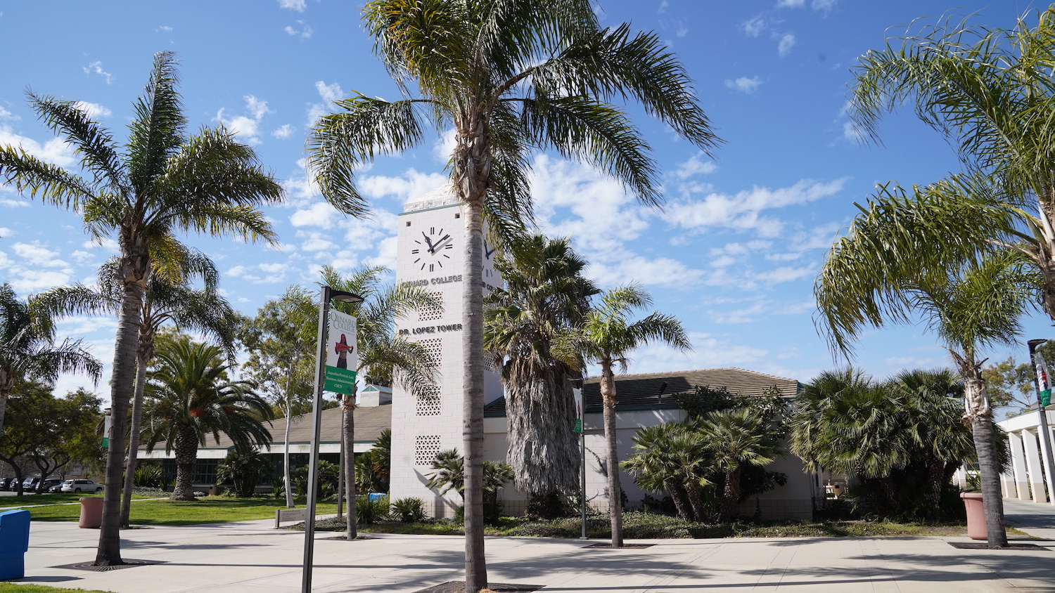A view of the bell tower at Oxnard College